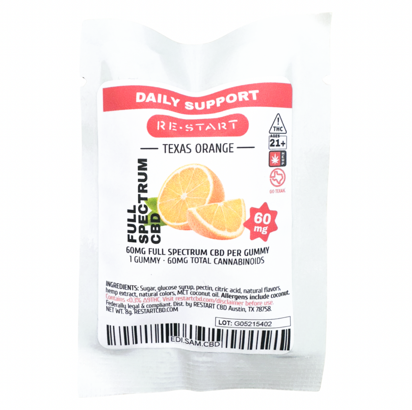 CBD Full Spectrum 60MG Gummies Texas Orange 1-ct - RESTART
