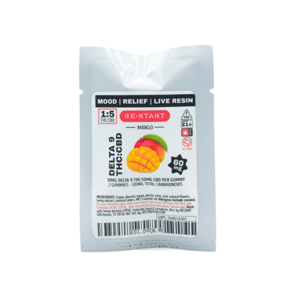 Live Resin CBD Delta 9 THC 60mg Gummies 1:5 Mango 2-ct Sample