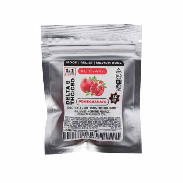 Delta 9 THC 10MG + CBD 10MG Gummies Pomegranate 4-ct (Total THC 40MG)