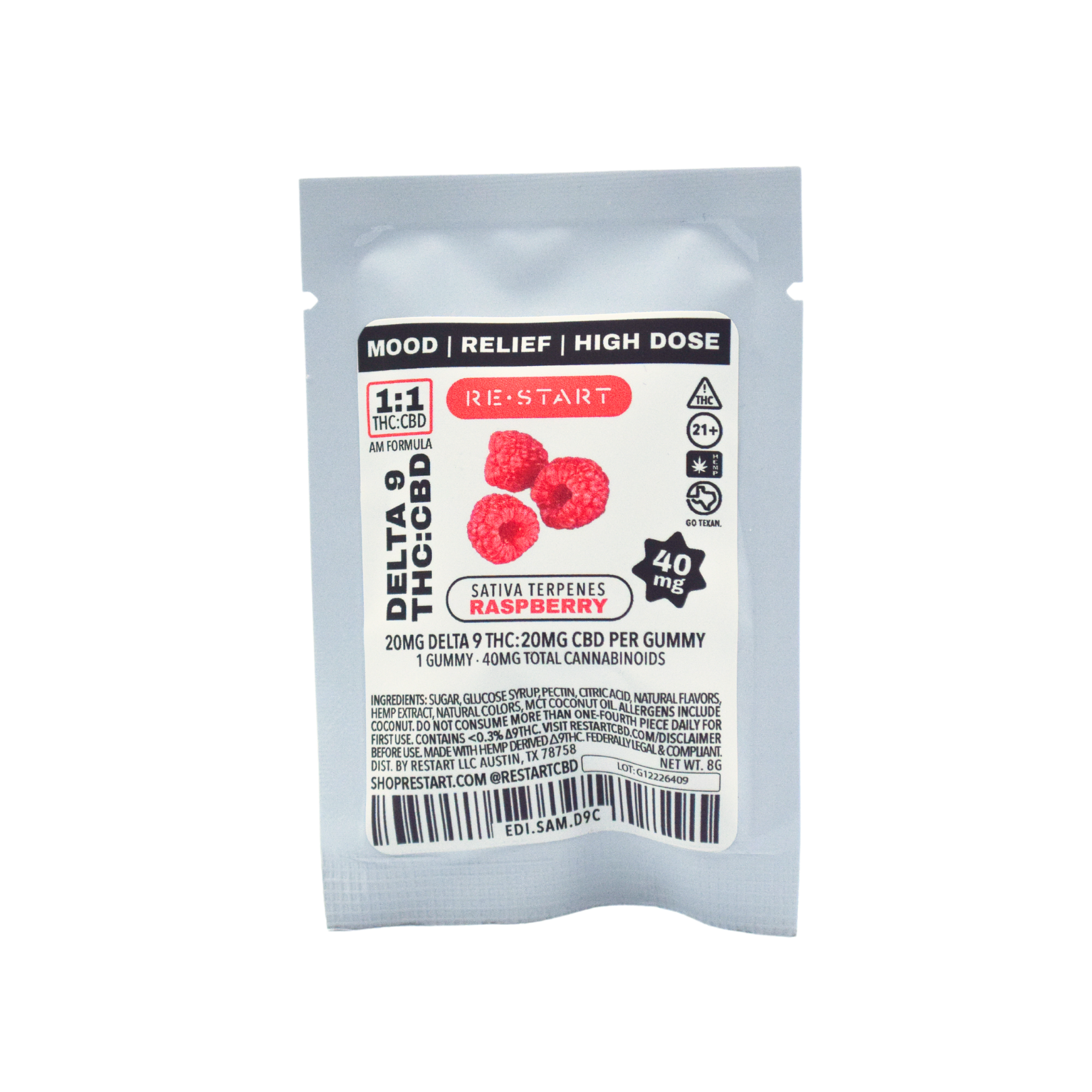 Delta 9 THC CBD 40MG Gummies Raspberry 1-ct (1:1)